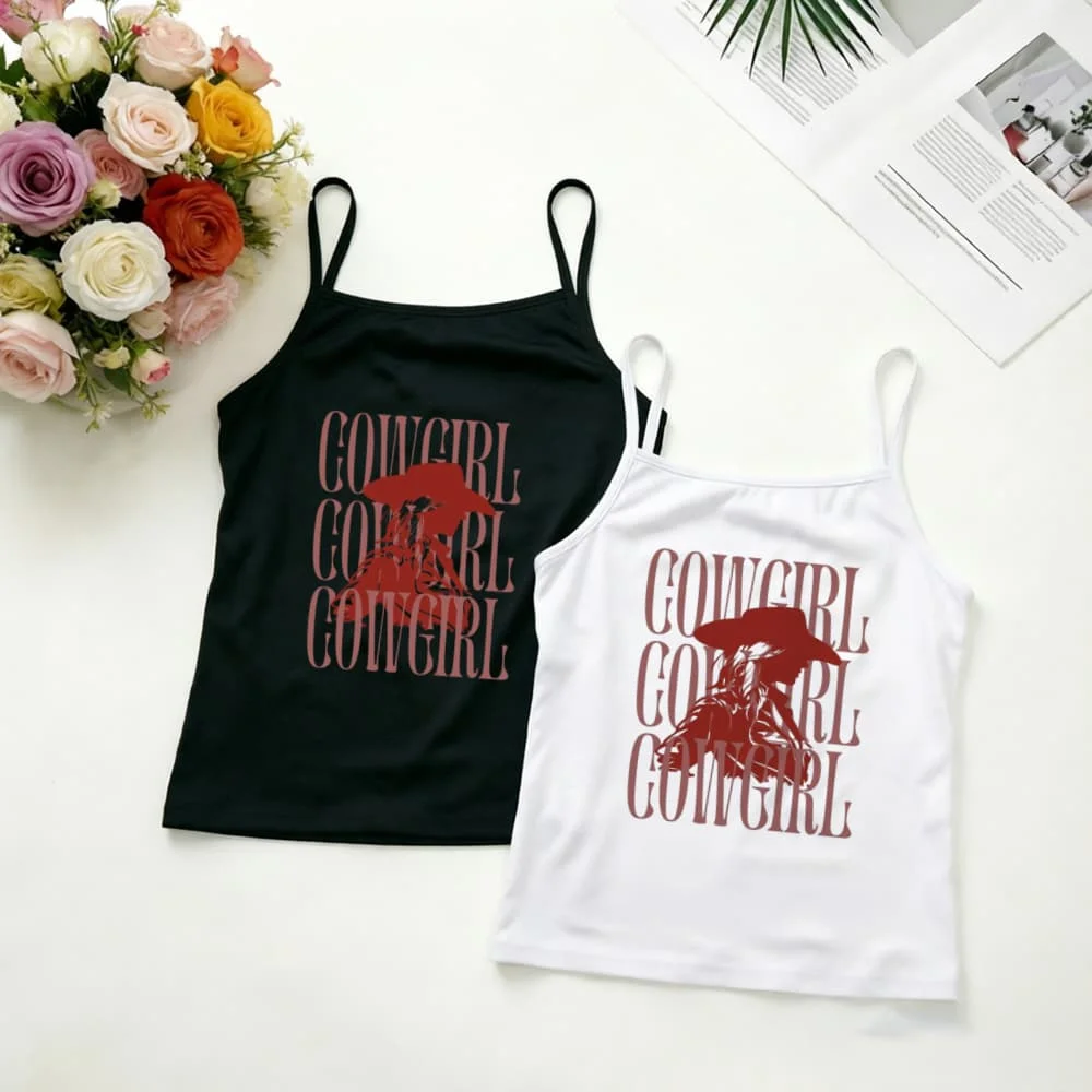 Cowgirl Silhouette Camisole Women Lettering Graphic Tank Top Summer Holiday Clubwear Y2K Retro Aesthetic Outerwear Outfit
