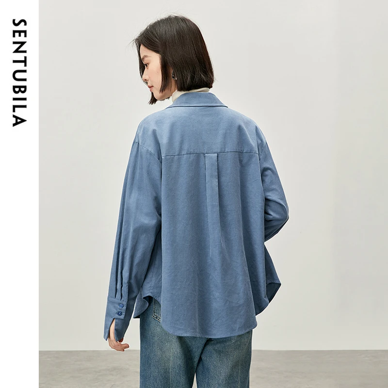 SENTUBILA100% Cotton Shirt Casual Oversized Turn Down Collar Corduroy Blouse Women Drop Sleeve 2024 Autumn Clothing 143C56910