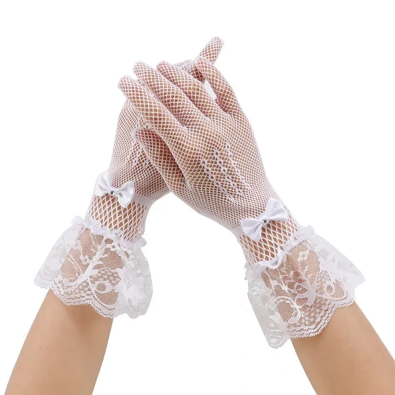 Сетчатые перчатки в сеточку, кружевные эластичные перчатки для выступлений на сцене, дышащие перчатки с бантом для невесты, женские дышащие модные перчатки
