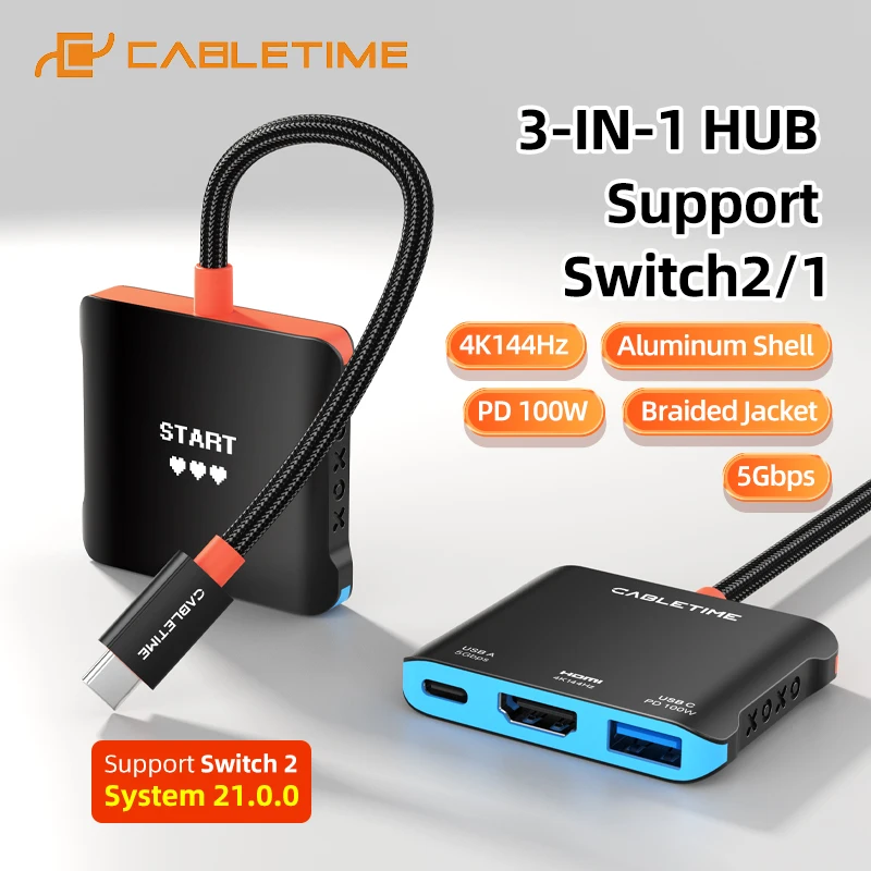 

CABLETIME 3 IN 1 HUB 4K144Hz PD100W 5 Gbps Aluminum Shell Support Switch 2/1 for HUAWEI Tablets Laptop