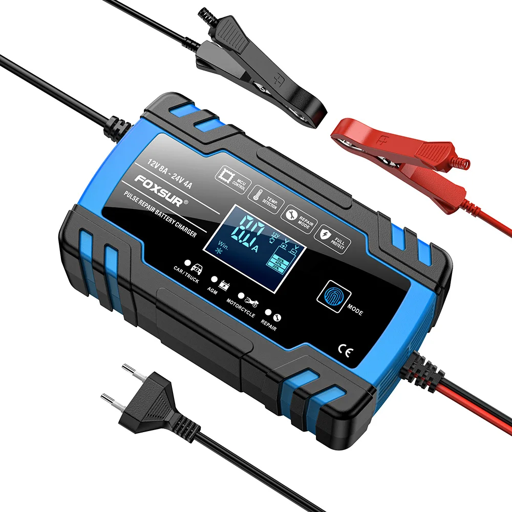 

FOXSUR Motorcycle Car Battery Charger 12V 8A 24V 4A Smart Fast Charging for AGM GEL WET EFB Lead Acid Battery Charger