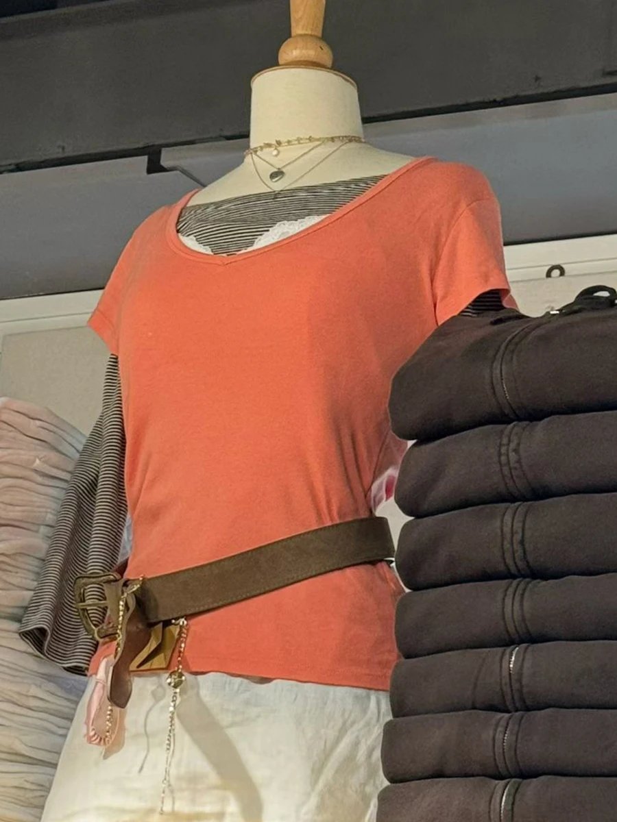 Coral Orange V-neck Slim T-shirts Women Summer Cotton Short Sleeve Tee Shirts Female Sweet Casual All-match Tshirts Tops Y2K
