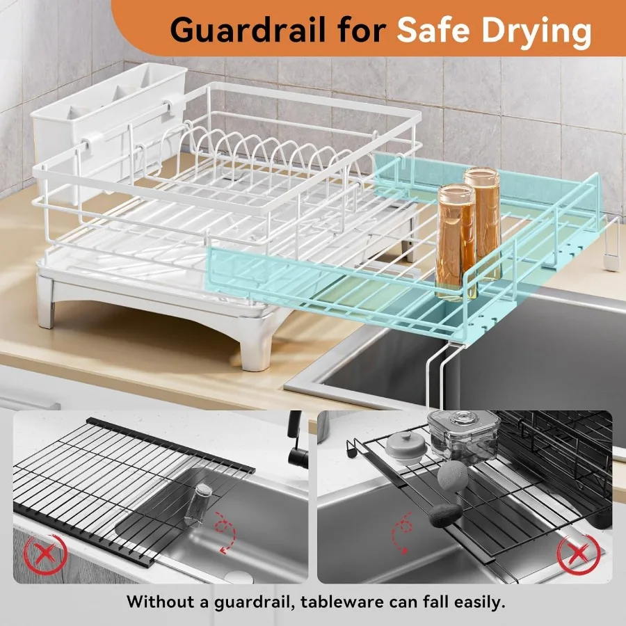 رف تجفيف الأطباق، رف قابل للتوسيع، تجفيف الأطباق ذو سعة كبيرة لطاولة المطبخ، مقاوم للصدأ مع حامل أواني أبيض