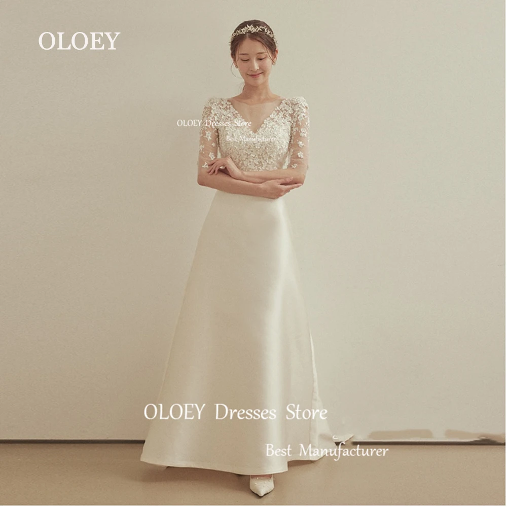 OLOEY elegante abito da sposa in raso avorio corea servizio fotografico mezze maniche abito da sposa lunghezza del pavimento corsetto indietro pizzo floreale personalizzato