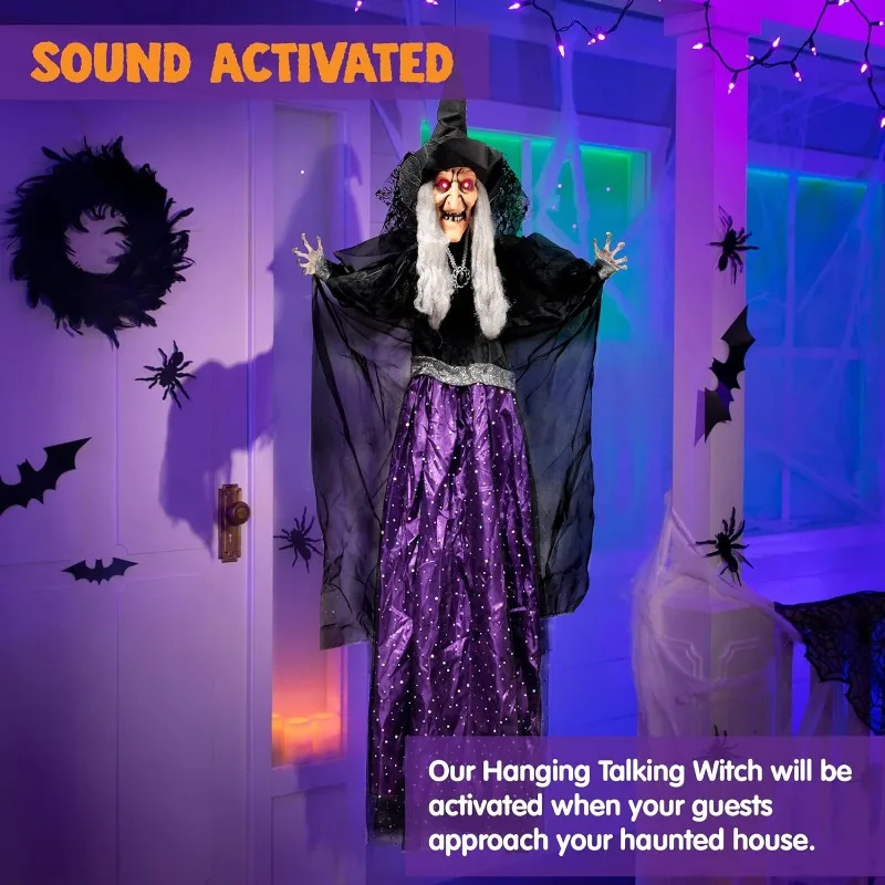 47'' Animated Witch Halloween Decorations Outdoor Indoor Scary Halloween Animatronics Decor, Hanging Ghost Talking Sound Activated Led Lights Eyes Haunted House Yard Garden Lawn view 2