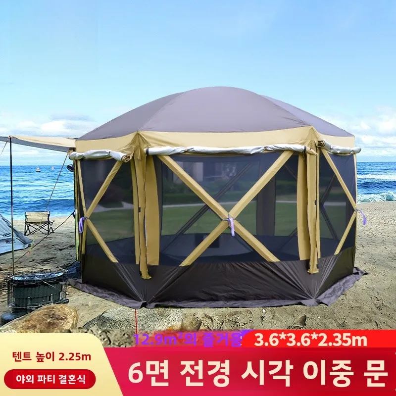 육각형 야외 캠핑 텐트 대형 몽골 유르트 자동 방수 방풍 차양 실버 코팅 폴리에스터 원단