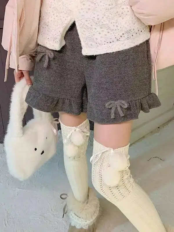 

Gray Knot Woolen Straight Leggings Women's Pants High Waist Wide Leg Pants Autumn Winter Japanese Style Sweet Girl