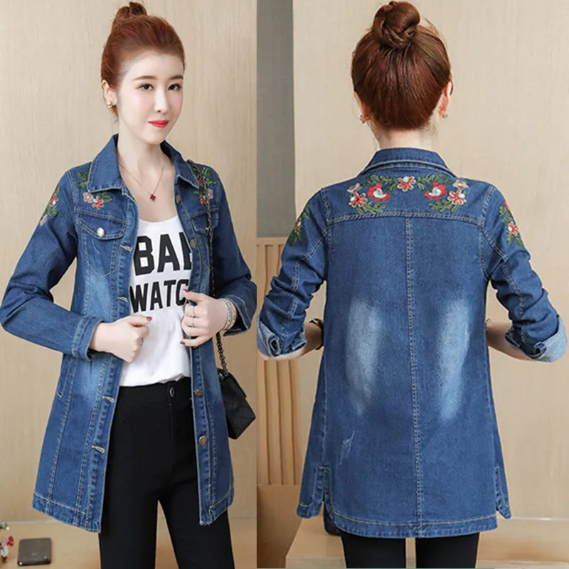 Dames grande taille brodé Denim Jaet décontracté ample Sle printemps automne Faionable polyvalent mi-long coton vêtements d'extérieur