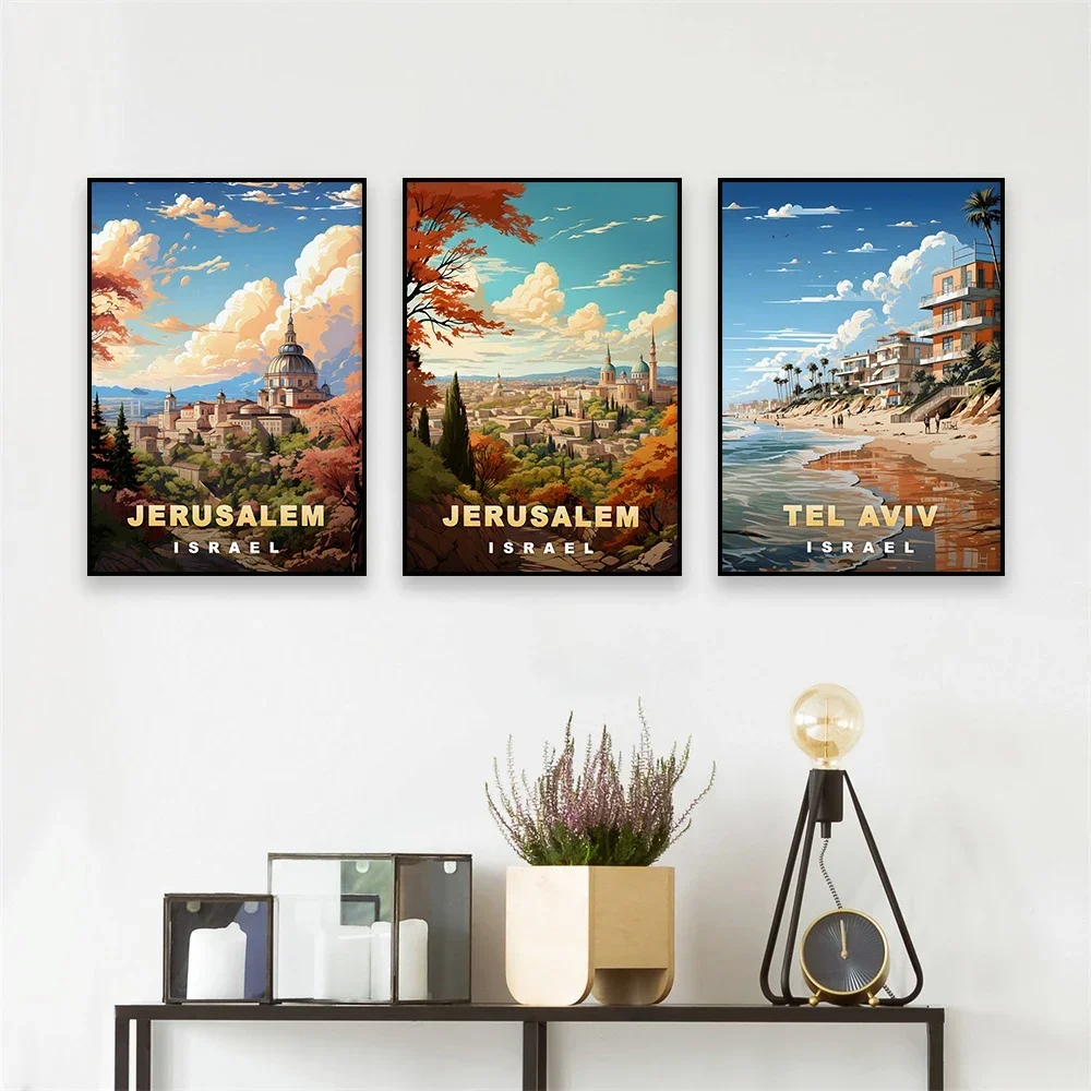 1pc frameless Canvas Painting Jerusalem Travel Poster Colorful Israel Tel Aviv Travel Prints Vintage Middle East Cities Canvas P
