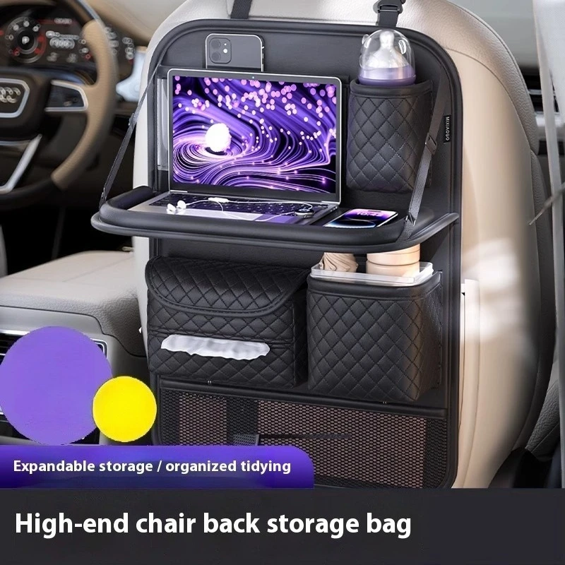 

Car Back Seat Headrest Hanging Bag Foldable Tray Anti-Kick Pad Interior Accessories Faux Leather Car Seat Back Organizer