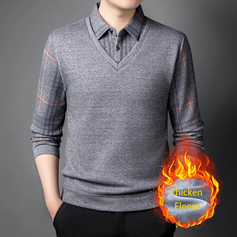 

BROWON Autumn and Winter 2025 Men Fleece Polo Shirt Long Sleeve Warm Thicken Turn Down Collar Fake Two-piece Polo Shirt Man