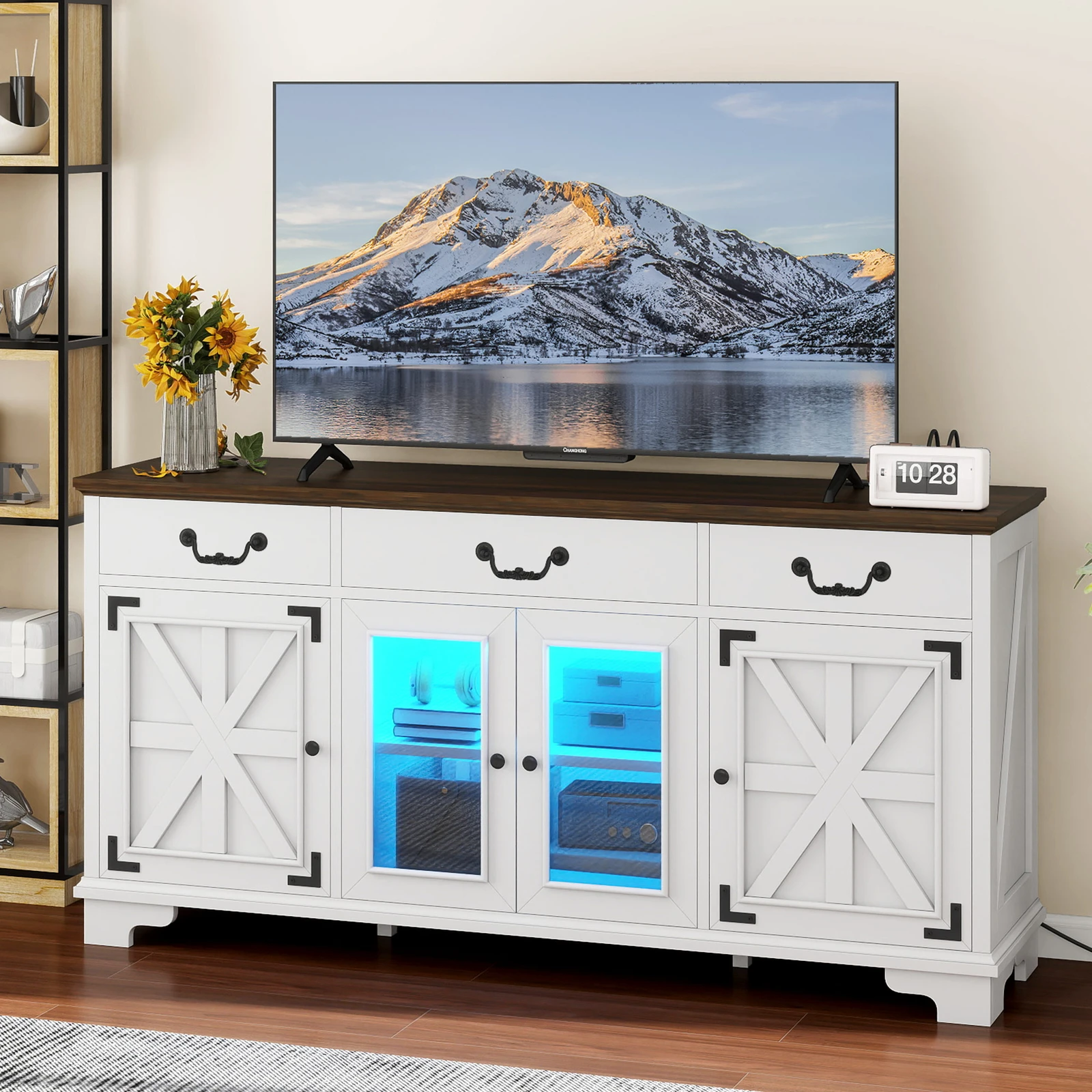 

TV Stand with Power Outlets LED Light Drawers Barn Doors for 75 in TVs