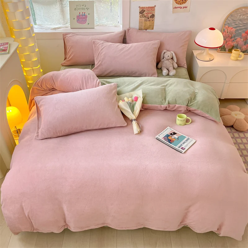 

New Simple Milk Velvet Warm Bedding Set Winter Soft Comfortable Queen Duvet Cover Set Warmth Coral Fleece Quilt Cover Sets Cozy