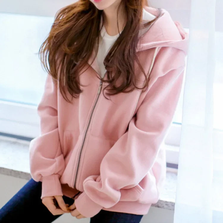 

Spring Autumn Casual Sports Loose Fit Fleece Lined Sweatshirt Jacket Women's Solid Color Hoodie Zipper Cardigan