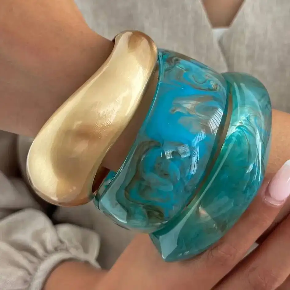 PuRui 3 Style Vintage Boho Blue Chunky Resin Wide Bangles for Women Punk Hip Hop Stackable Metal Spring Bracelets Charm Jewelry