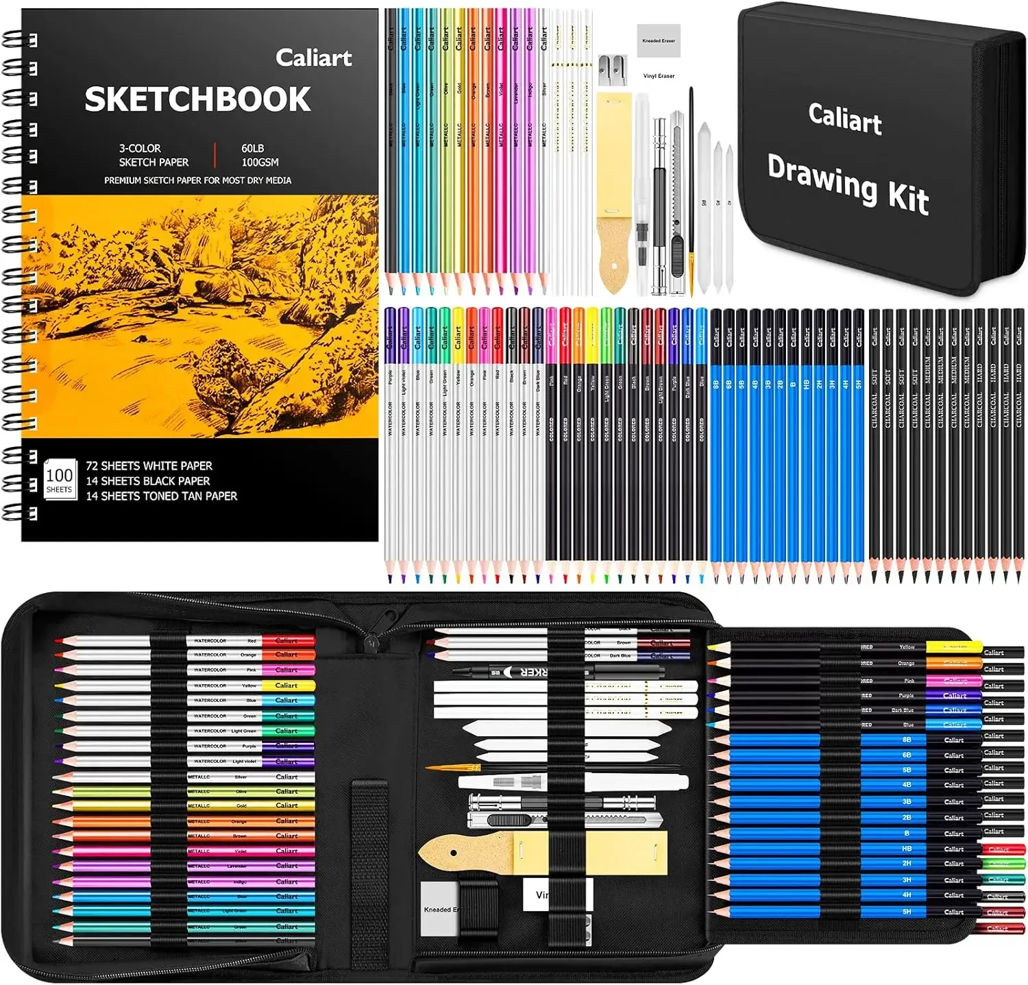 

176PCS Art Supplies Sketching Kit with 100 Sheets 3-Color Sketch Book, Graphite Colored Charcoal Watercolor & Metallic Pencils