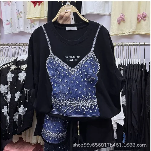 

Summer Women Diamond Beaded Fake Two Pieces Denim Camis Spliced T-Shirts Rhinestones Tees Tops + Elastic Waist Shorts 2Pcs Set