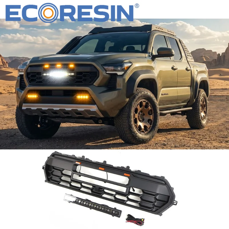 Front Bumper Grille Mesh for 2024 Tacoma Pickup Accessory with DRL LED Strip and 3x Amber LED Marker Lights Non-Destructive
