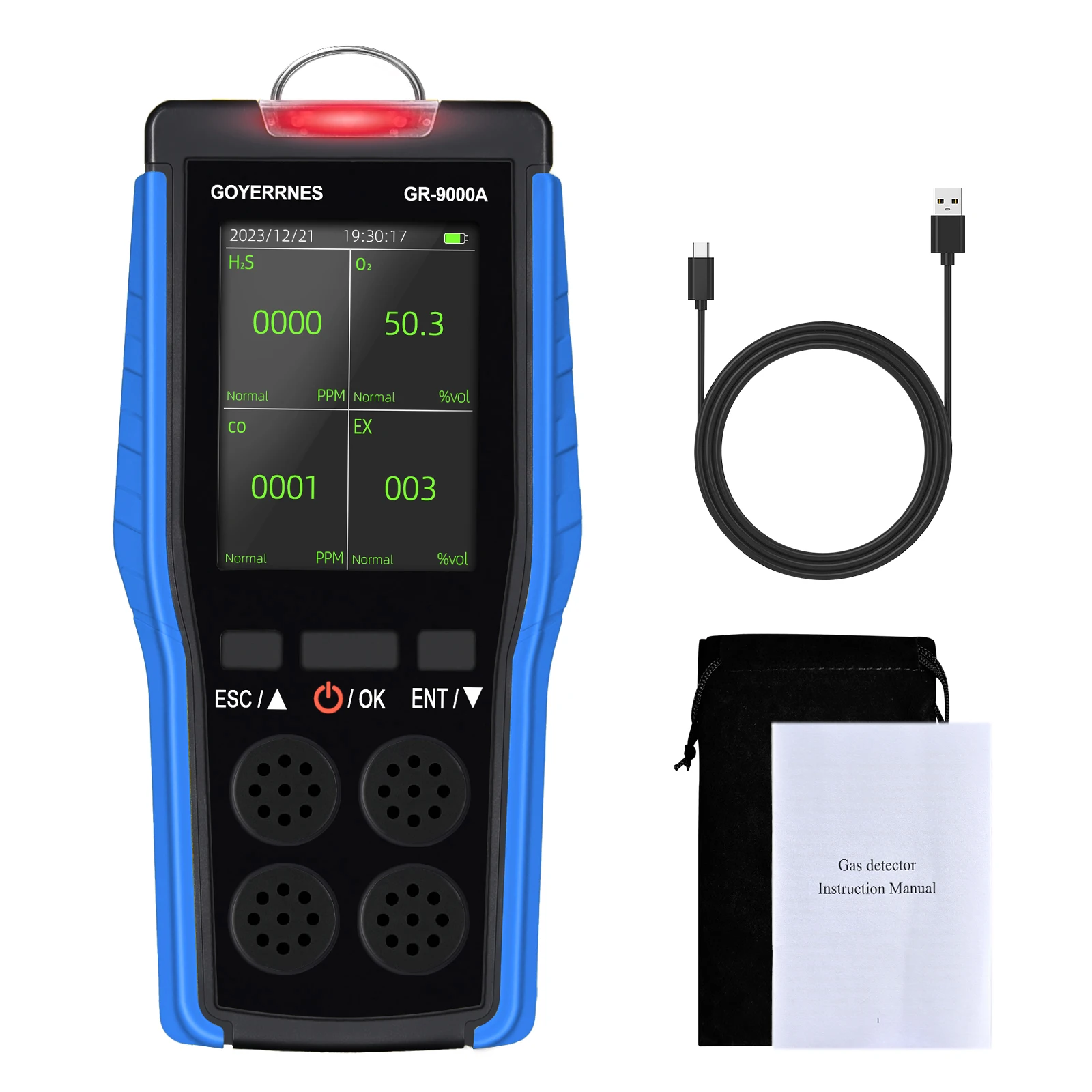 

4-in-1 Portable Gas Detector for Combustible/O2/H2S/CO, Sound/Light/Vibration Alarm & LCD Display Gas Leak Detector HP-9000A