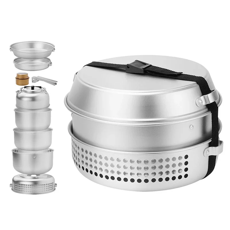 

Portable outdoor 10 pieces pot pans kettle camping aluminum cookware set