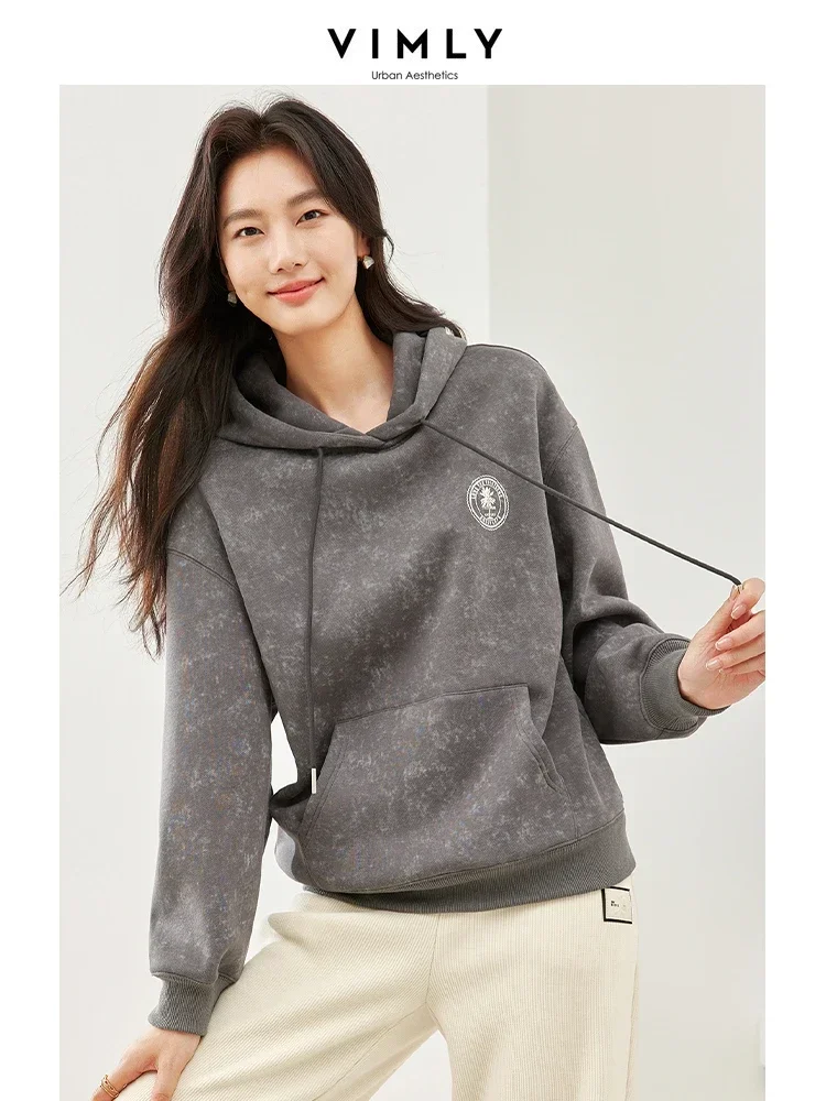 Vimly Khaki Fleece Thick Hoodies Women 2023 Winter Letter Hooded Sweatshirt Casual Loose Pullovers Women's Long Sleeve Top M5621