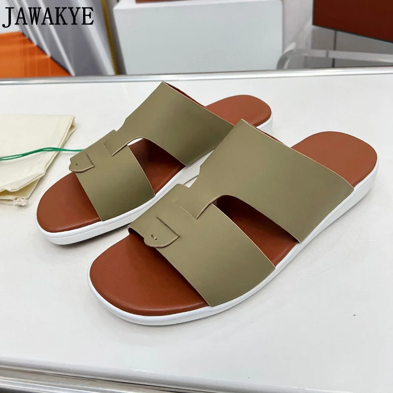 

New Brand Flat Slippers Men Real Leather Flat Summer Walking Shoes Male Brown Platform Shoes Slide Runway Beach Slippers For Men