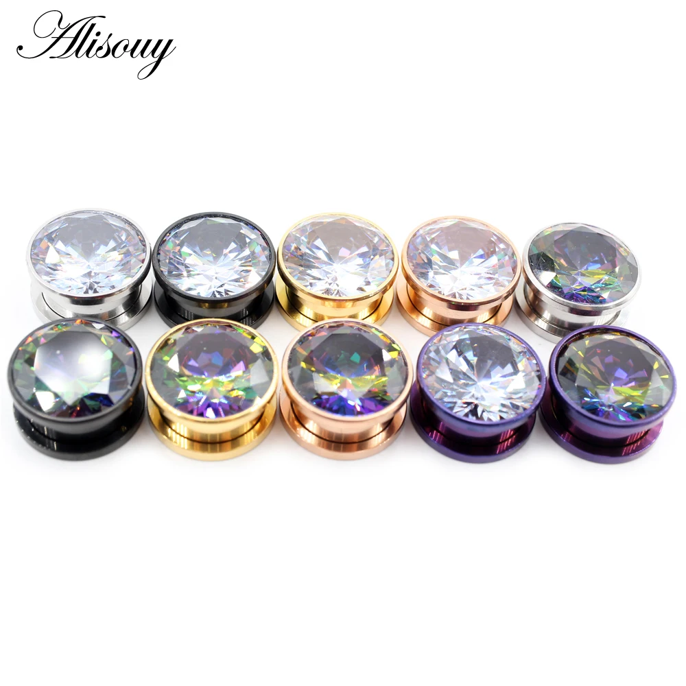 Alisouy 2PC Double Flared Ear Plug Tunnel Stainless Steel Screw Back Colorful Zirconia Earrings Gauges Expander Piercing Jewelry