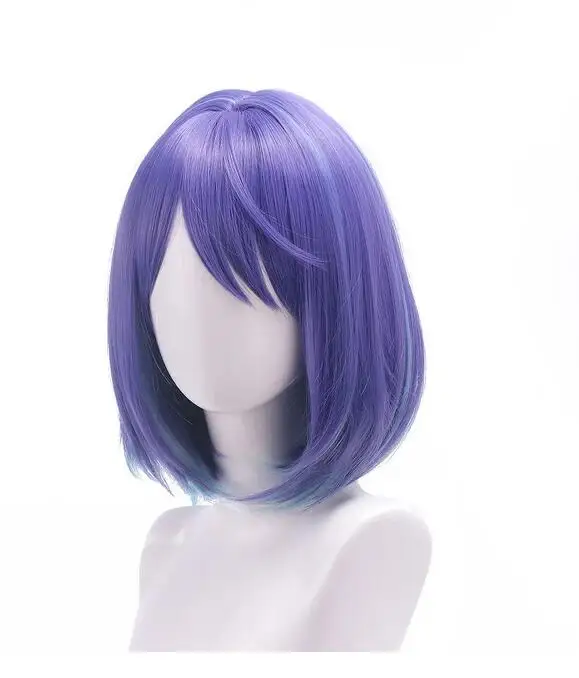 Wig sintetik wanita rambut palsu Cosplay Anime pendek lurus Bob Ombre ungu biru Campuran rambut palsu untuk pesta