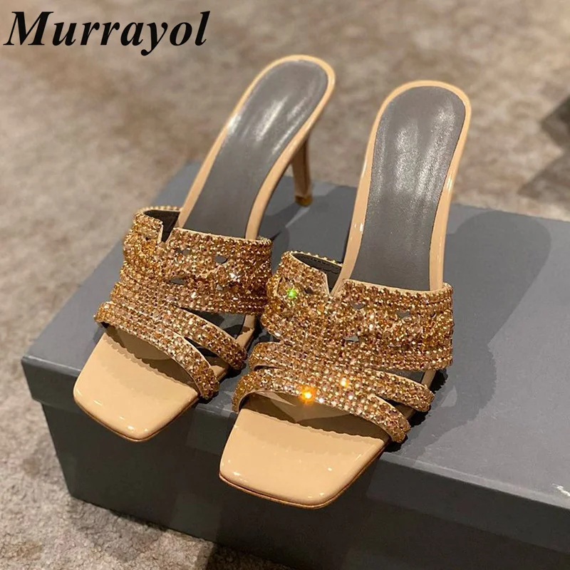 

New Square Toe Rhinestone Decor Thin Heels Slippers Women One Strap High Heels Sandals Summer Dress Shoes Pumps Wedding shoes