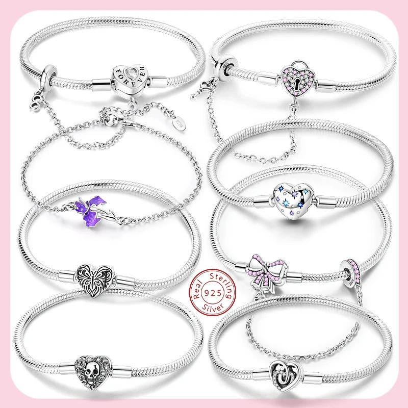 Bracelet Original 925 Sterling Silver Charm Bracelet 17-20CM Heart Key Lock Snake Bone Bracelet for Women DIY Charm Jewelry Gift