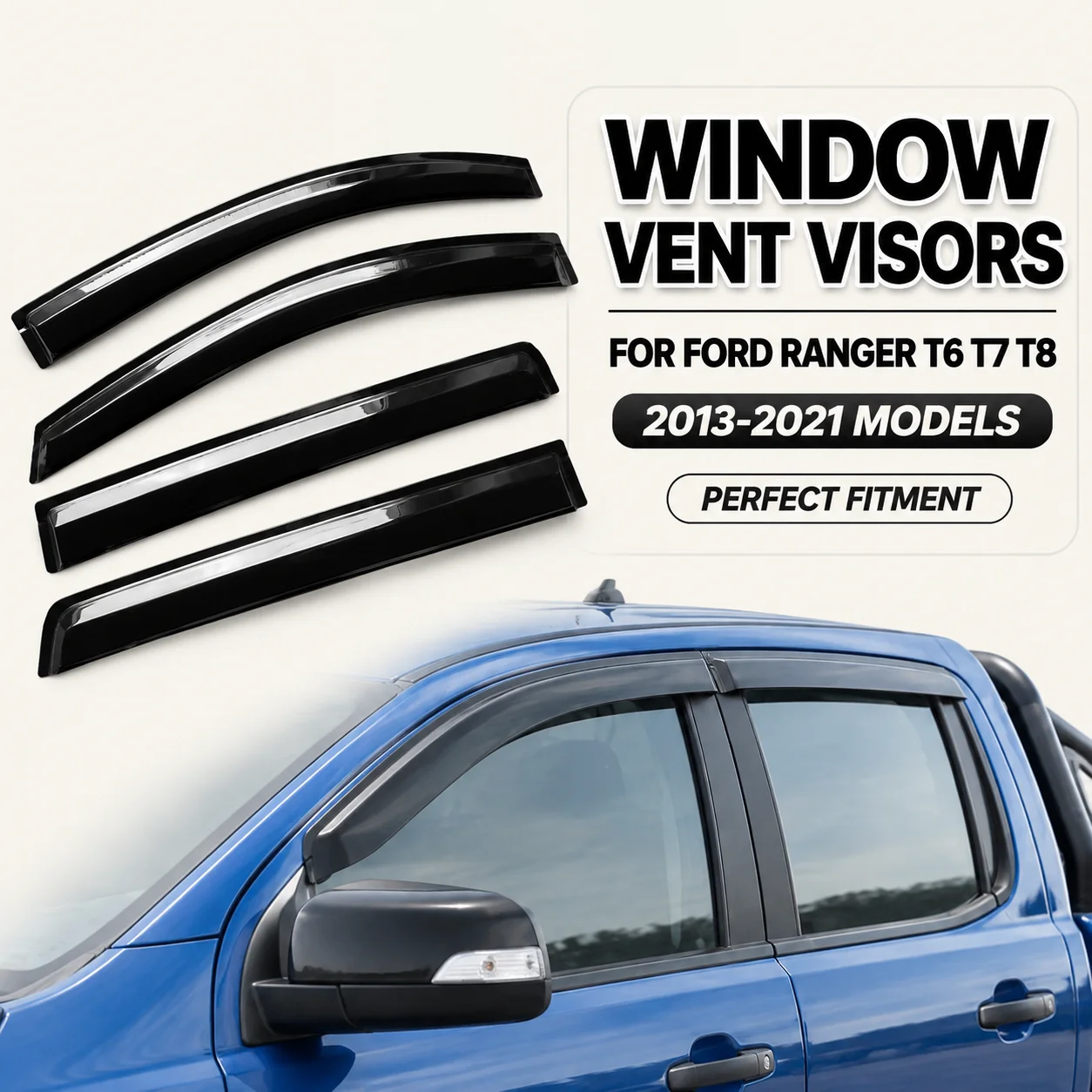 4 pezzi di deflettori antivento per finestrini laterali per Ford Ranger T6 T7 T8 2013-2021, 4 porte, protezioni antipioggia in acrilico, parasole, deflettori per bocchette d'aria, compatibili con le