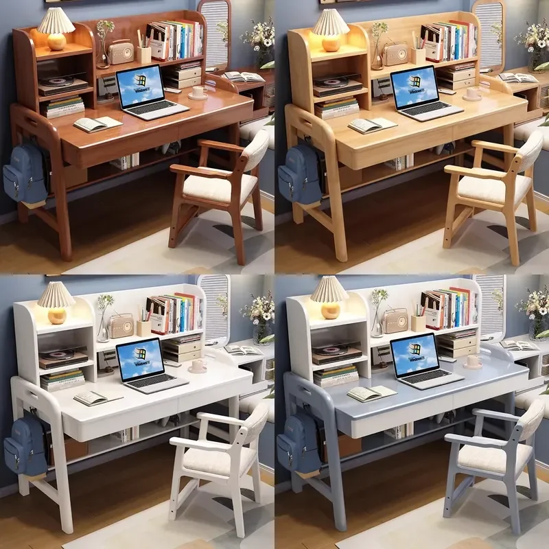 Solid Wood Children's Study Desk with Bookshelf Integrated Computer Desk Home Simple Adjustable Student Writing Desk
