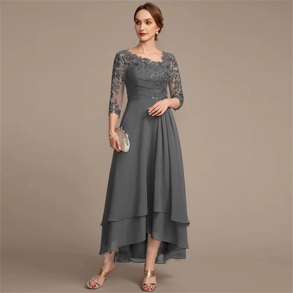 

2024 New Lace Simple Gray Mother of the bride Half Sleeve Dress Chiffion Draped Fashion Irregular neckline A-line Dress