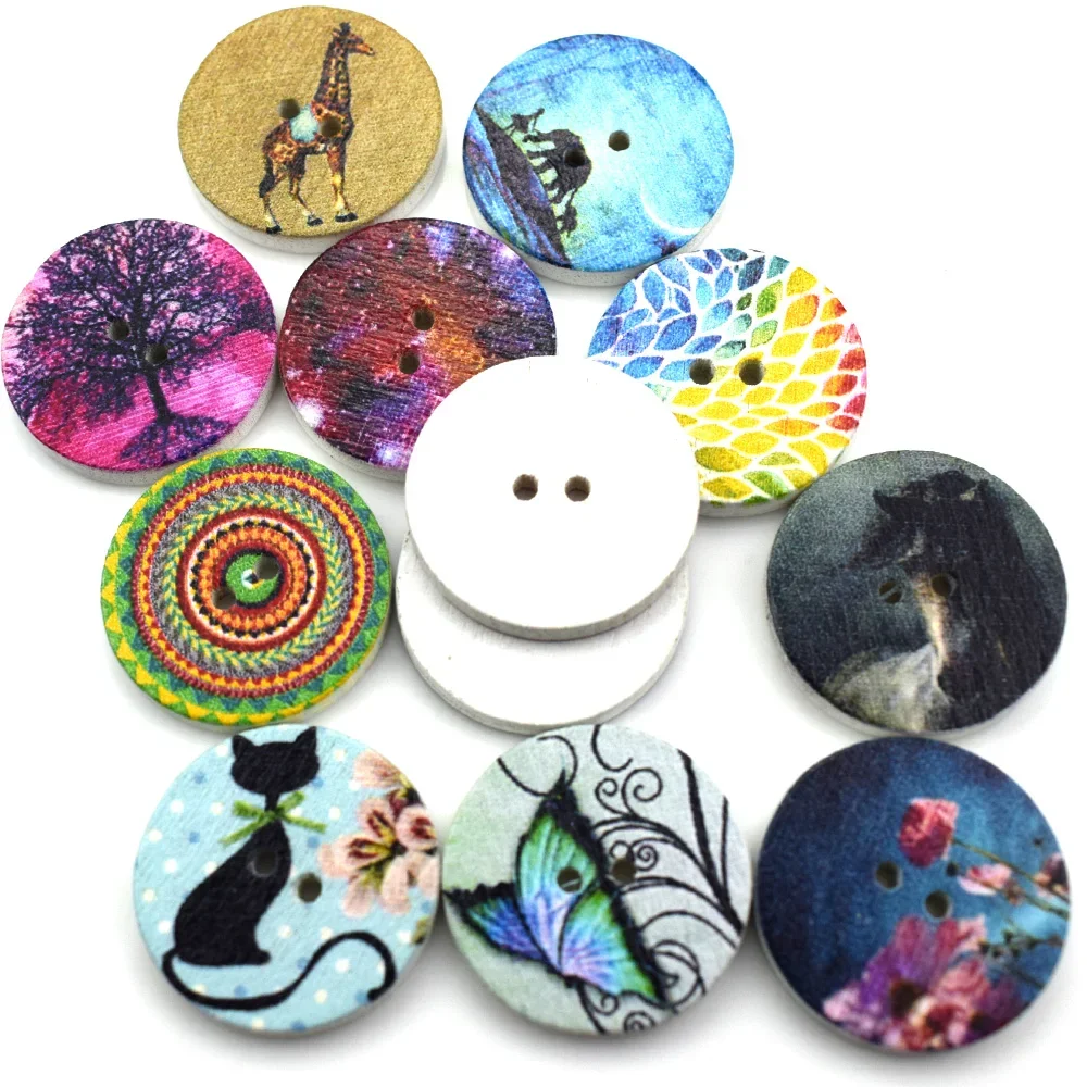 50PCS 20MM Retro Theme Round Printing Wood Buttons Sewing Cloth Scrapbooking Crafts Home Card Making Accessories Making Decor