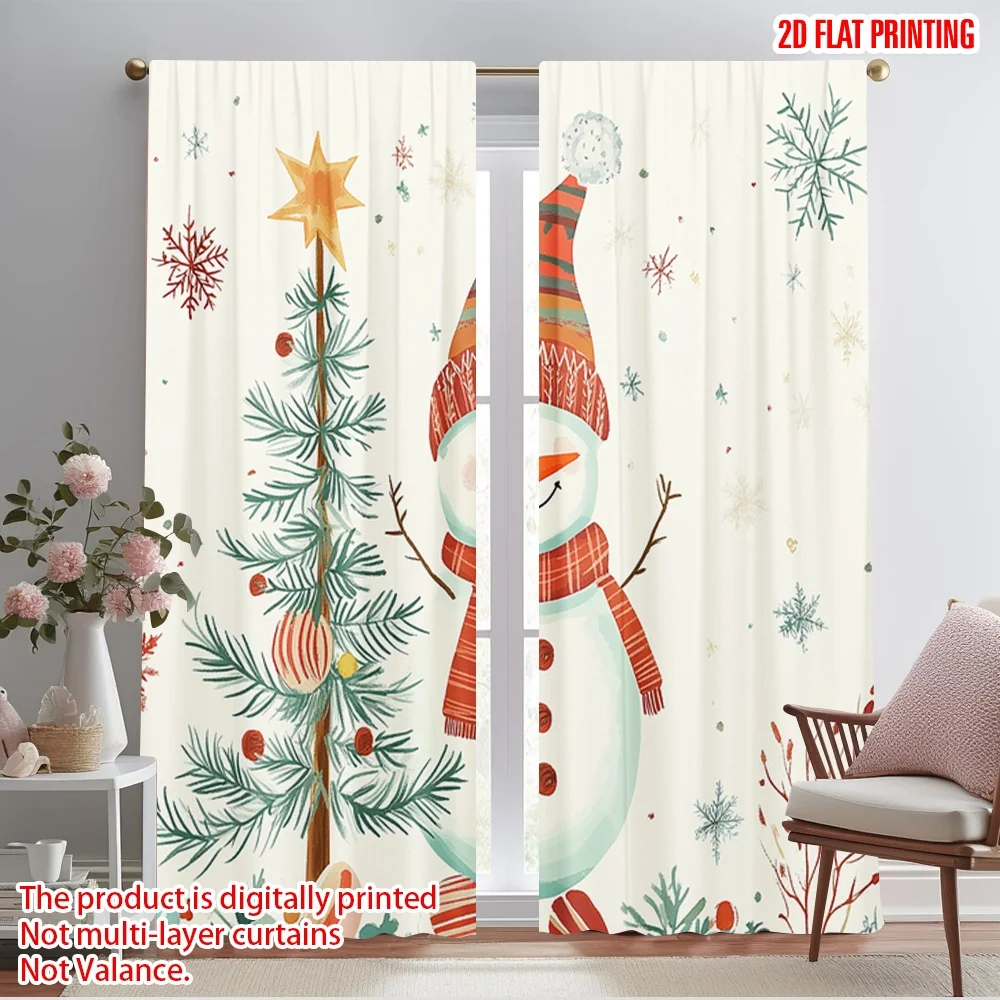 2pcs,2D plane printing Curtain Fabric Festive Snowman Christmas Tree (2) Versatile Polyester (without rod) Home Decor Use for