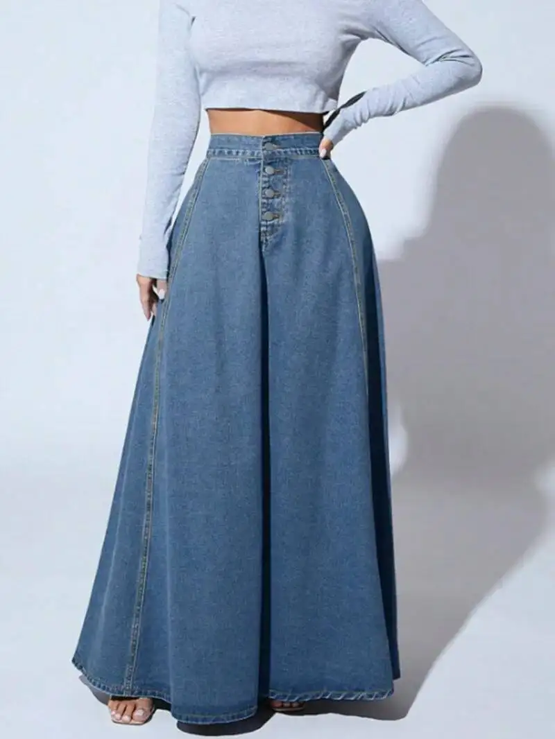 Denim Skirts Women Long Skirt A Line Single Breasted High Waist Jeans Vintage Maxi Simple Casual Elegant Splice Y2k SEU8