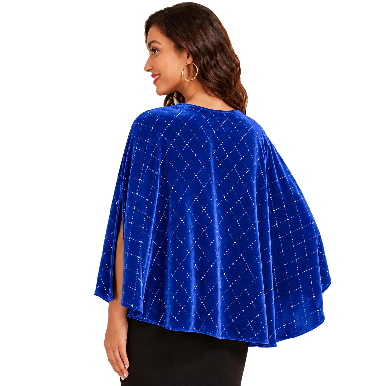 Women Velvet Cape Metallic Rhombus Christmas Shawl Side Split Wraps Pullover Top Wedding Bridesmaid Evening Party Shrug Ponchos