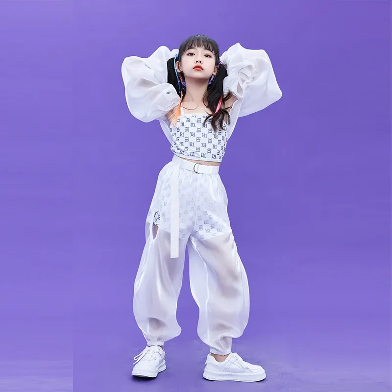 

Girl Jazz Dance Costume Children Hip Hop Clothing White Fashion Dress and Pants Suit Cool Boy Stage Outfit Ballroom Clothes