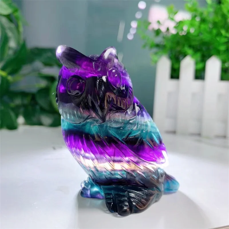 

7cm Natural Rainbow Fluorite Crystal Owl Carving Healing Figurine Reiki Gemstone Crafts Home Decoration Holiday Gift 1pcs