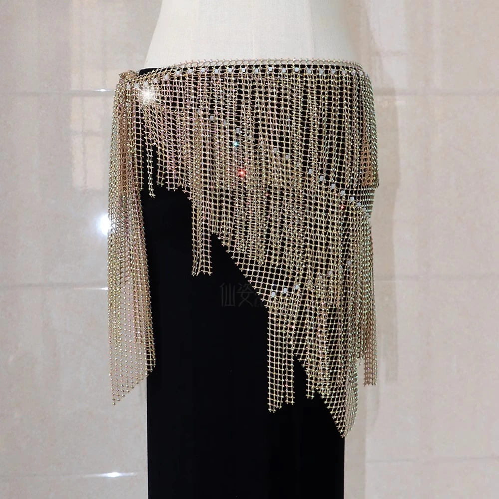 Customized Belly Dance Belt Mesh Diamond Starry Tassel Hip Scarf Bright Diamond Waist Chain Triangle Performance Waist Scarf