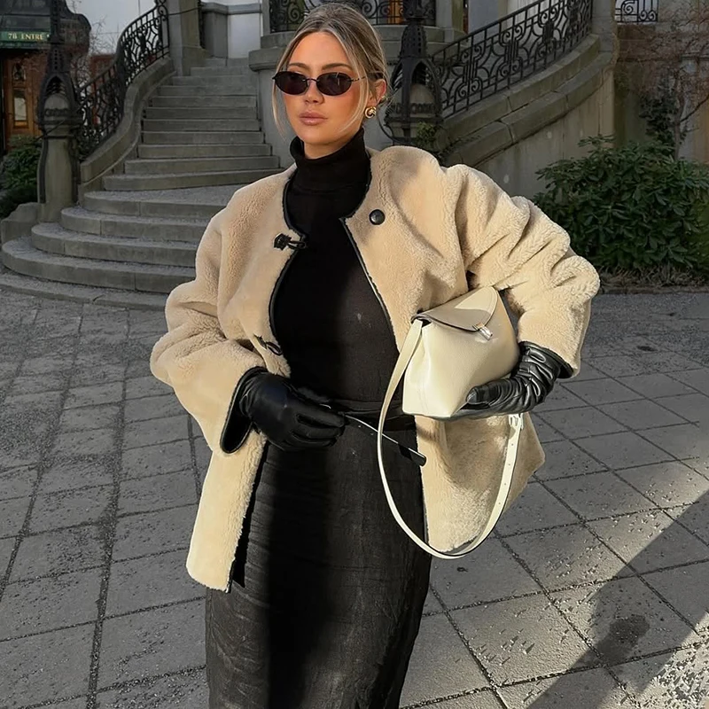 

Tornova Short Wool Lamb Coat Women's Crew Neck Single-Breasted Loose Pocket Long Sleeve Patchwork Jacket Winter New Leisure Coat