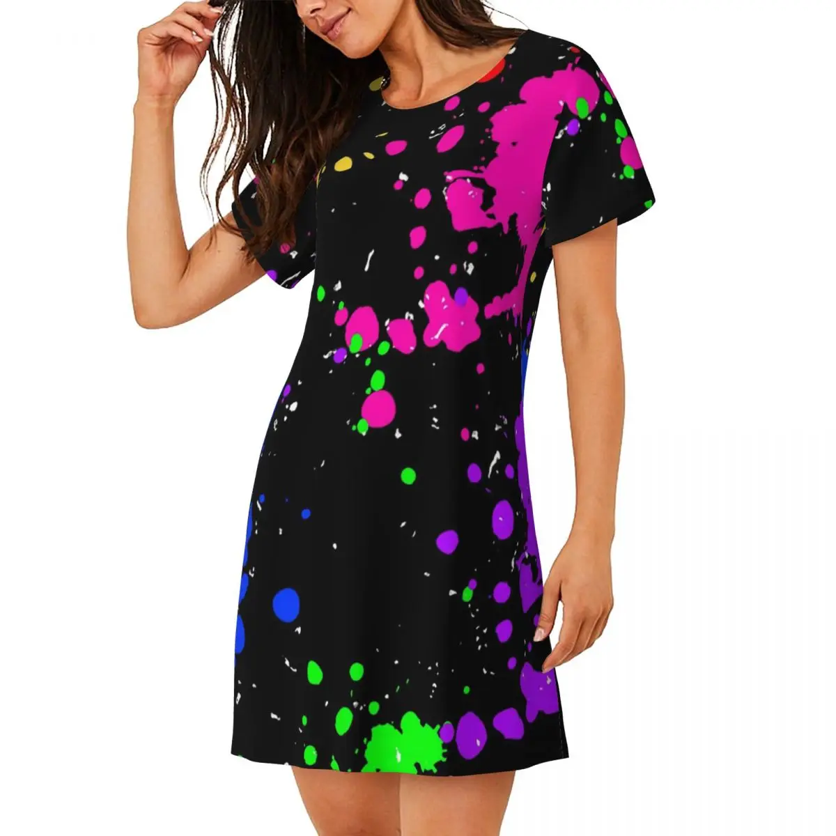 Custom Colorful Graffiti Splatter Print Short Sleeves Nightdress For Sleeping Women Short Sleeve Nightgowns Loose Pajama Dress