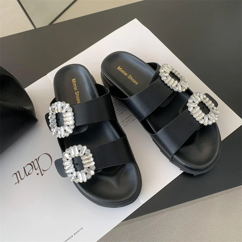Platform Sandals 2023 Brand Rhinestone Shoes Ladies High Heels Double Buckle Band Slippers Woman Muffins Crystal FlipFlops Mujer
