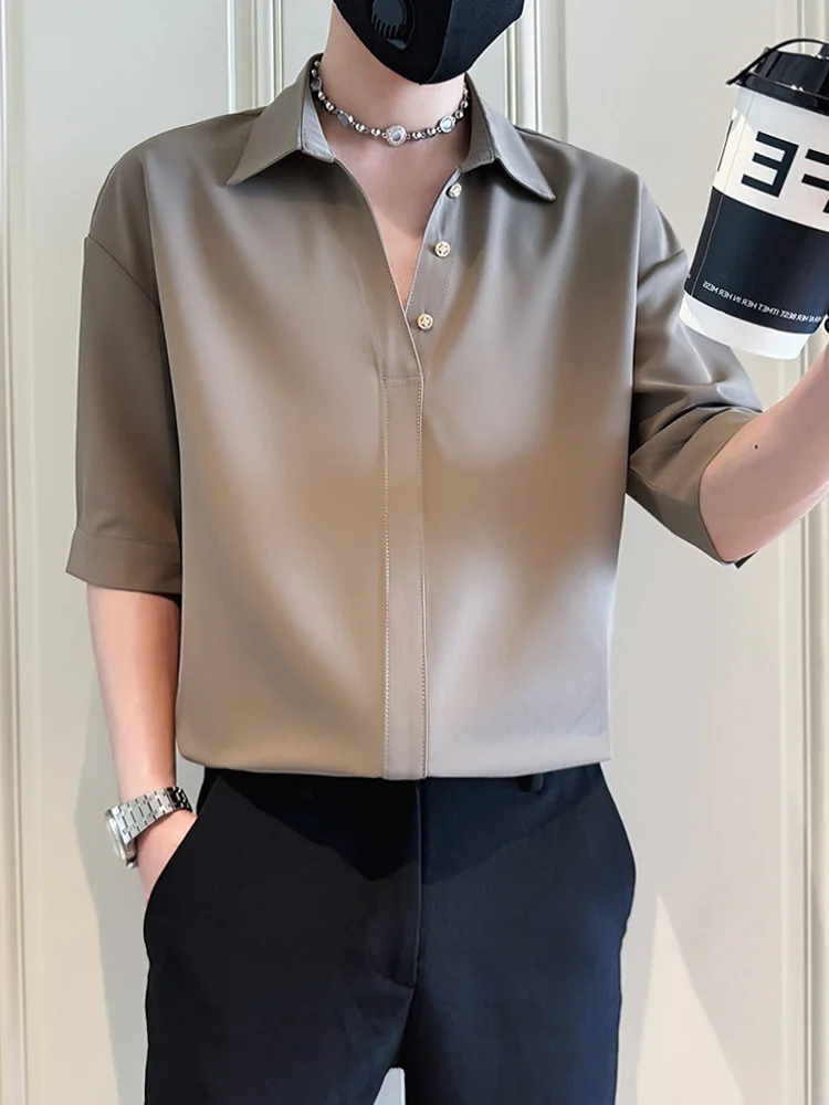 

Летняя мужская футболка из ледяного шелка с драпировкой, тонкая, повседневная, модная верхняя одежда, новинка 2025 года, свободный крой, дышащая, для молодежи