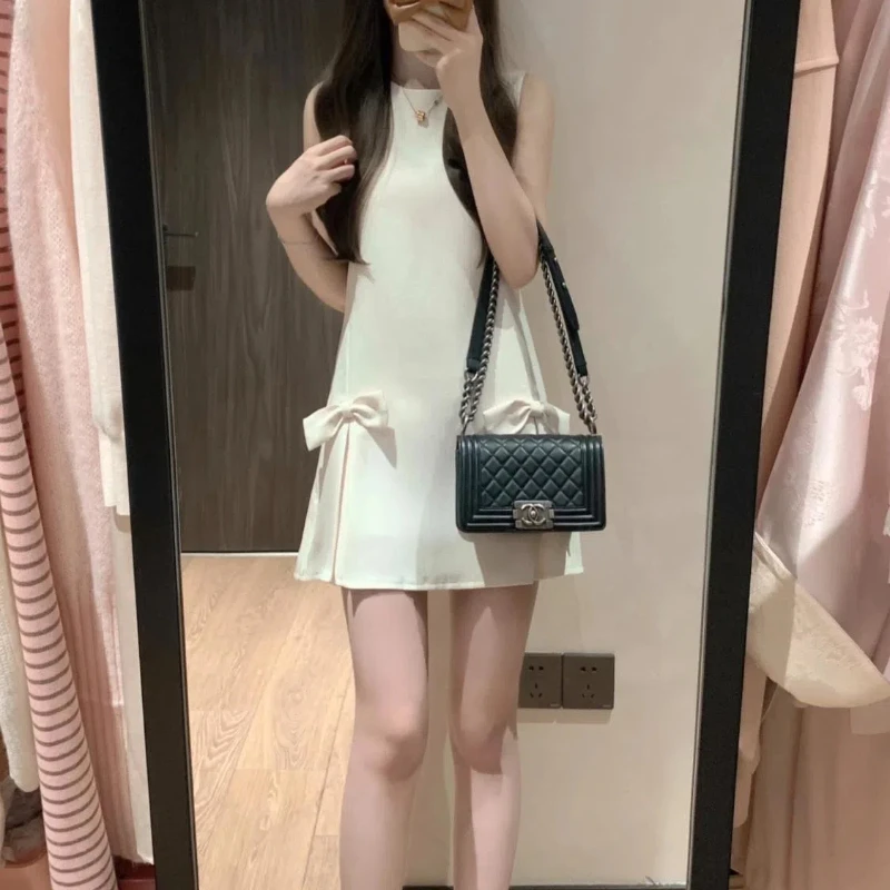 2024 Spring Summer New Fashion Round Neck Sleeveless Women\'s Clothing Pullover Solid Bow Sweat Female Clothes All Match Dresses