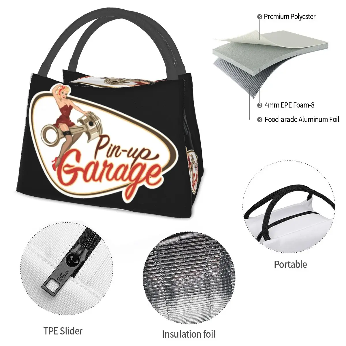 Pin Up Garage Retro Rockabilly Design Lunch Bags, Isolé, Boîte à bento, Portable, Fourre-tout, Sacs de pique-nique, Glacière pour femme, Enfant, Bureau