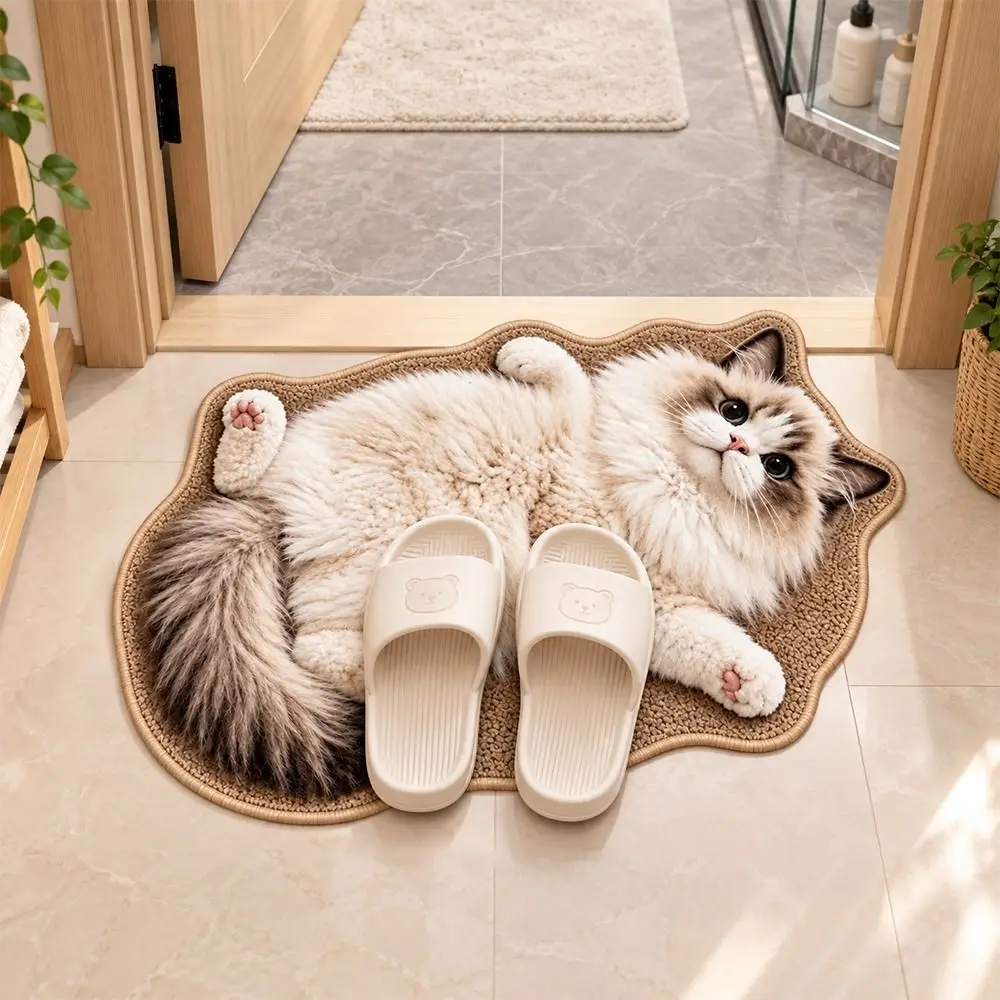 Cute Crystal Velvet Cat-Shaped Area Rug 2D Soft Bathroom Carpet Anti-fouling Washable Bedside Door Mat Home Decor