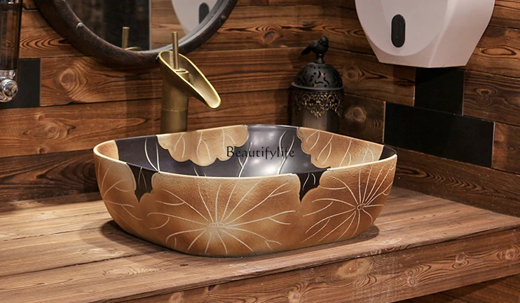 Retro Lotus Leaf Art New Chinese Style Ceramic Washbasin Home Antique Inter-Platform Basin