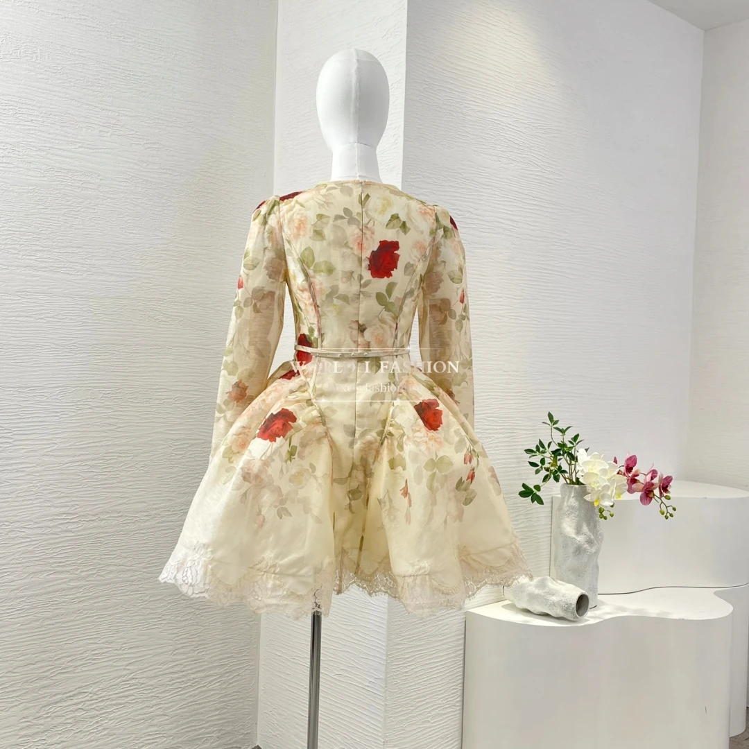 

Fashion Clothes Beige Rose Floral Print Long Sleeve Summer Dress Women 2025
