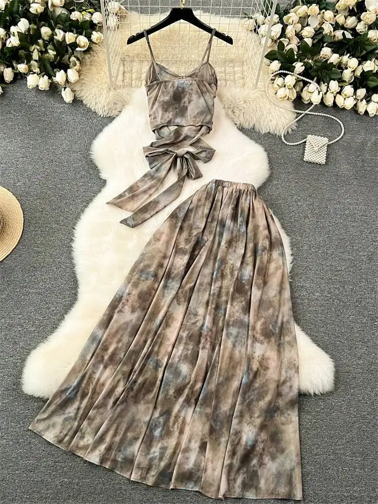 Retro Beach Two-piece Sets Women Tie Dye Sexy Backless Crop Top High Waisted A-line long Skirt Summer Boho Printing Suits